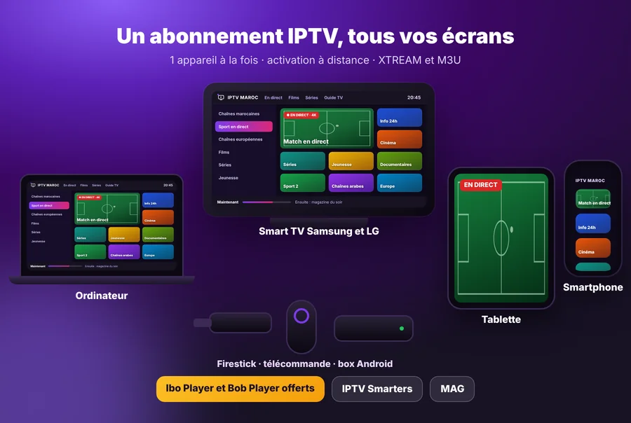 Appareils compatibles IPTV Maroc : Smart TV Samsung et LG, Firestick, Android, smartphone et ordinateur